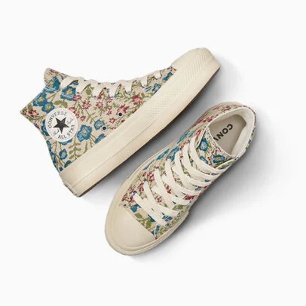 Converse Women's Floral High-Tops - Cream and Blue